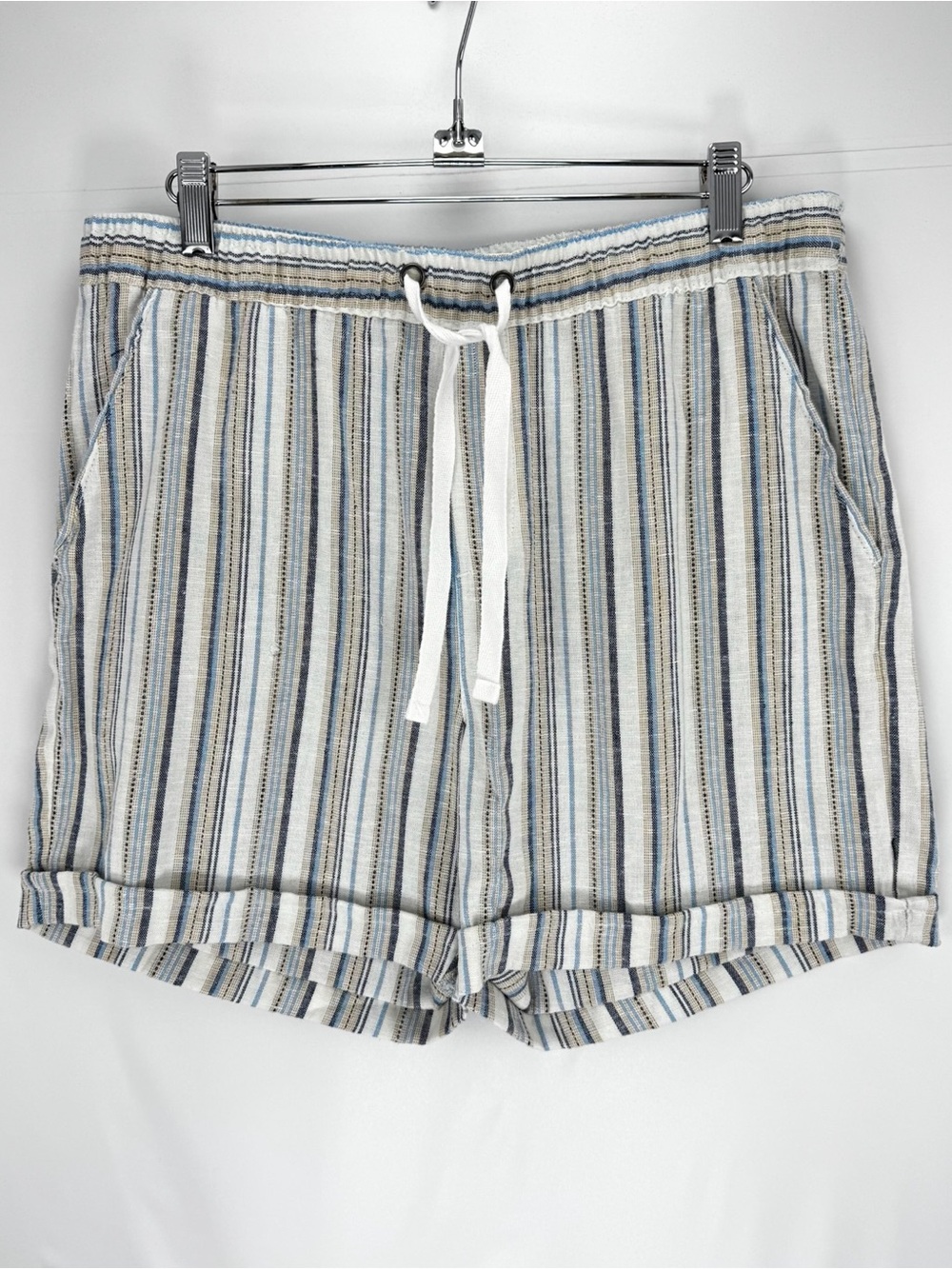 Striped Drawstring Linen-Blend Women's Shorts - Blue/Gray/Cream